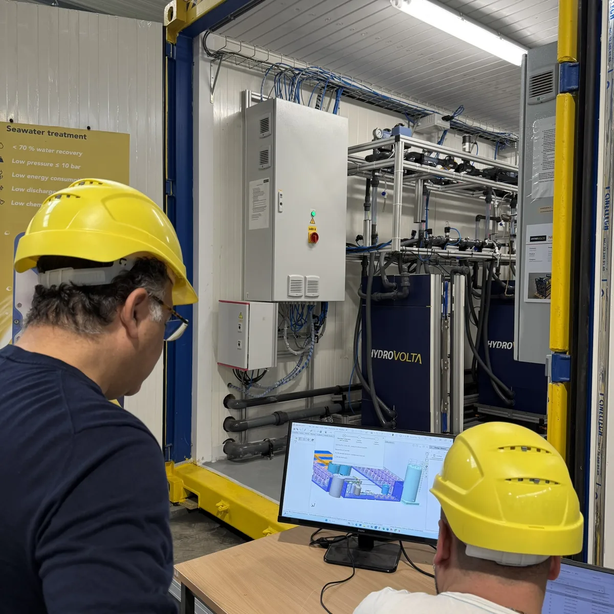 Hydrovolta engineer monitoring SonixED system performance at testing facility